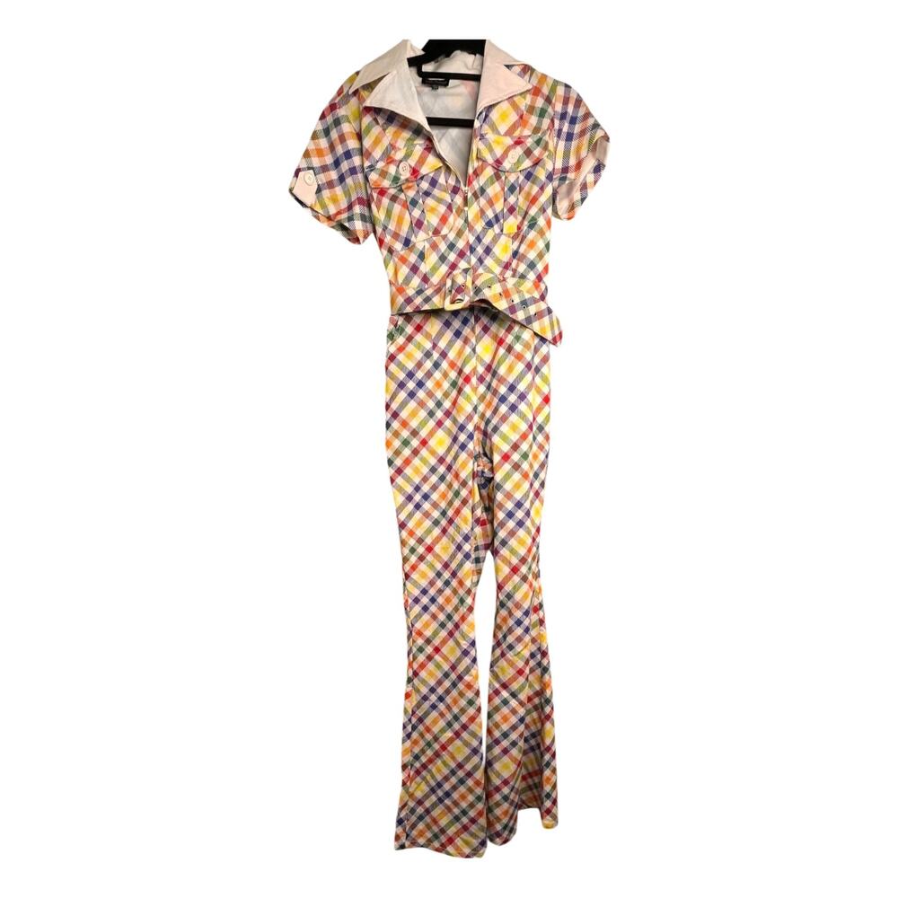 Smak Parlour 1970s Colorful Check Flare Bell Bottoom Jumpsuit Medium - Picture 5 of 12